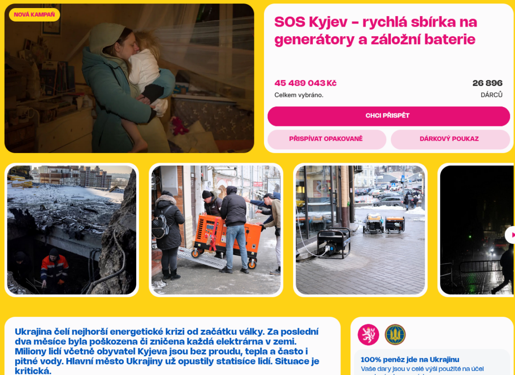 Zdjęcie przedstawia kilka zdjęć w sobie. Na pierwszym kobieta przytula niemowlę, Widać, że marzną. Na frugim jest informacja o kwocie zebranej w zbiórce oraz ilości darczyńców, na trzecim zamarznięty Kijów, Na czwartym mężczyźni wnoszą duży generator do budynku. Na czwartym przed budnkiem stoją trzy mniejsze generatory, na piątym noc.