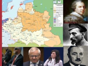 Na obrazku po lewej stronie mapa Rzeczpospolitej z 1635 roku. Po prawej stronie zdjęcia - Od góry. Stanisław Szczęsny-Potocki (zdjęcie portretu olejnego), Feliks Dzierżyński, niżej Bolesław Bierut. Na dole od prawej Grzegorz Braun, dalej Włodzimierz Skalik, dalej Ewa Zajączkowska - Hernik