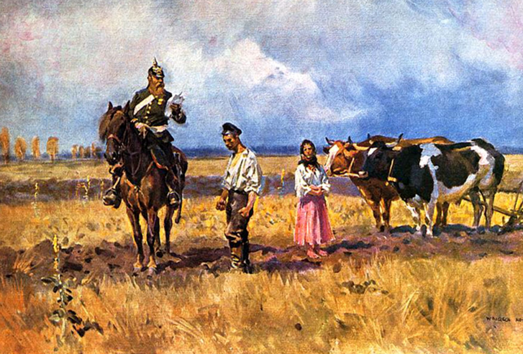 Obraz Wojciecha Kossaka. Na koniu urzędnik pruski, przy nim stoi polski chłop, obok chłopka stoi przy dwóch wolach. Za nimi pług. obraz jest kolorowy