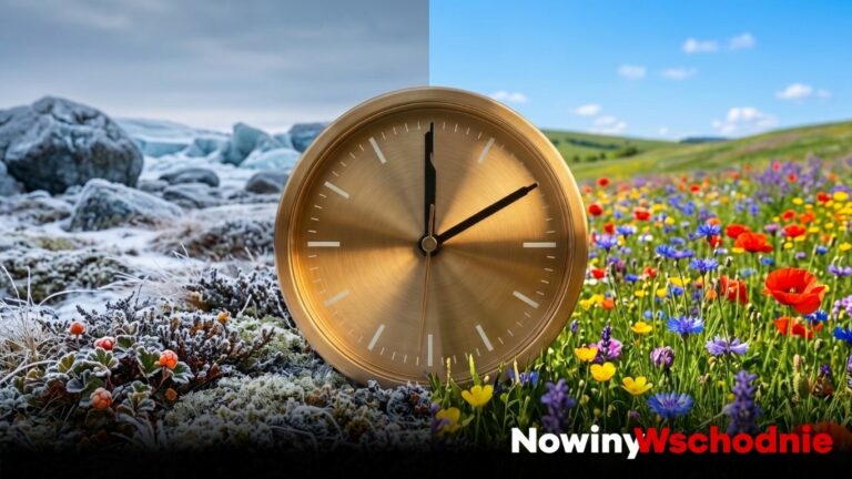 Złoty zegar na tle podzielonego krajobrazu zimy i wiosny, symbolizujący dyskusję o likwidacji zmiany czasu w Polsce.