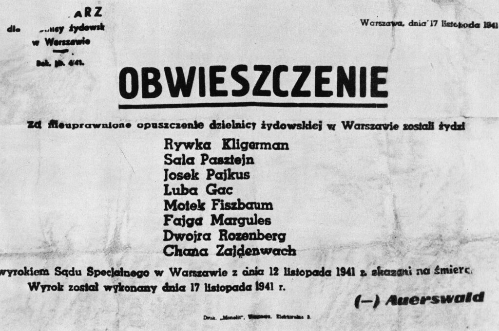 Obwieszczenie o rozstrzelaniu ośmiu Żydów za opuszczenie terenu getta w Warszawie