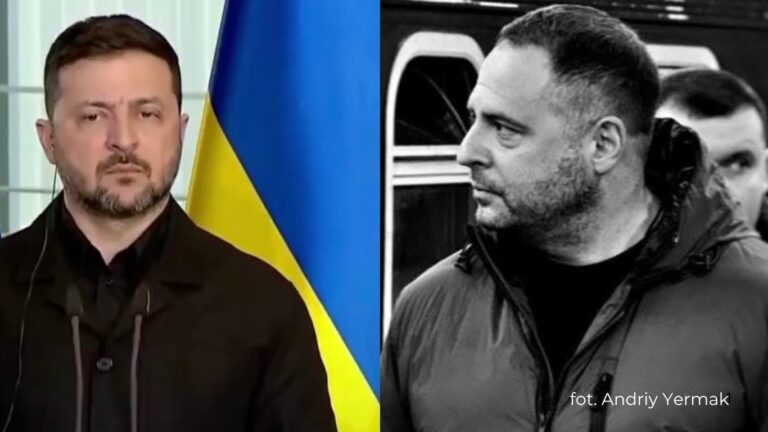 Wołodymyr Zełenski na tle flagi Ukrainy oraz Andrij Jermak w czarno-białym kadrze.