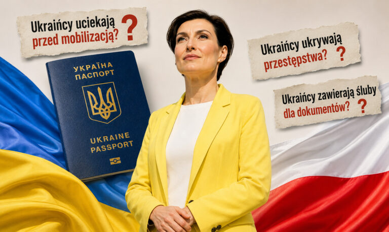 Kobieta w żółtym żakiecie trzyma polski paszport na tle biało-czerwonej flagi Polski