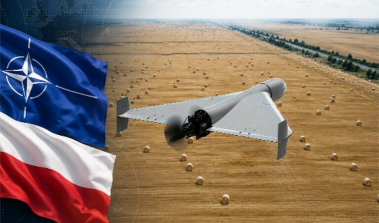 Ilustracja przedstawiająca amunicję krążącą na tle flag NATO i Mołdawii, symbolizująca dron zestrzelony nad terytorium Mołdawii