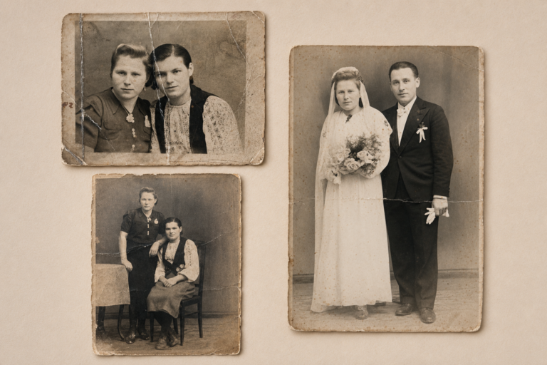 Archiwalne czarno-białe zdjęcia dwóch dziewczyn, Ukrainki i Polki, z okresu II wojny światowej